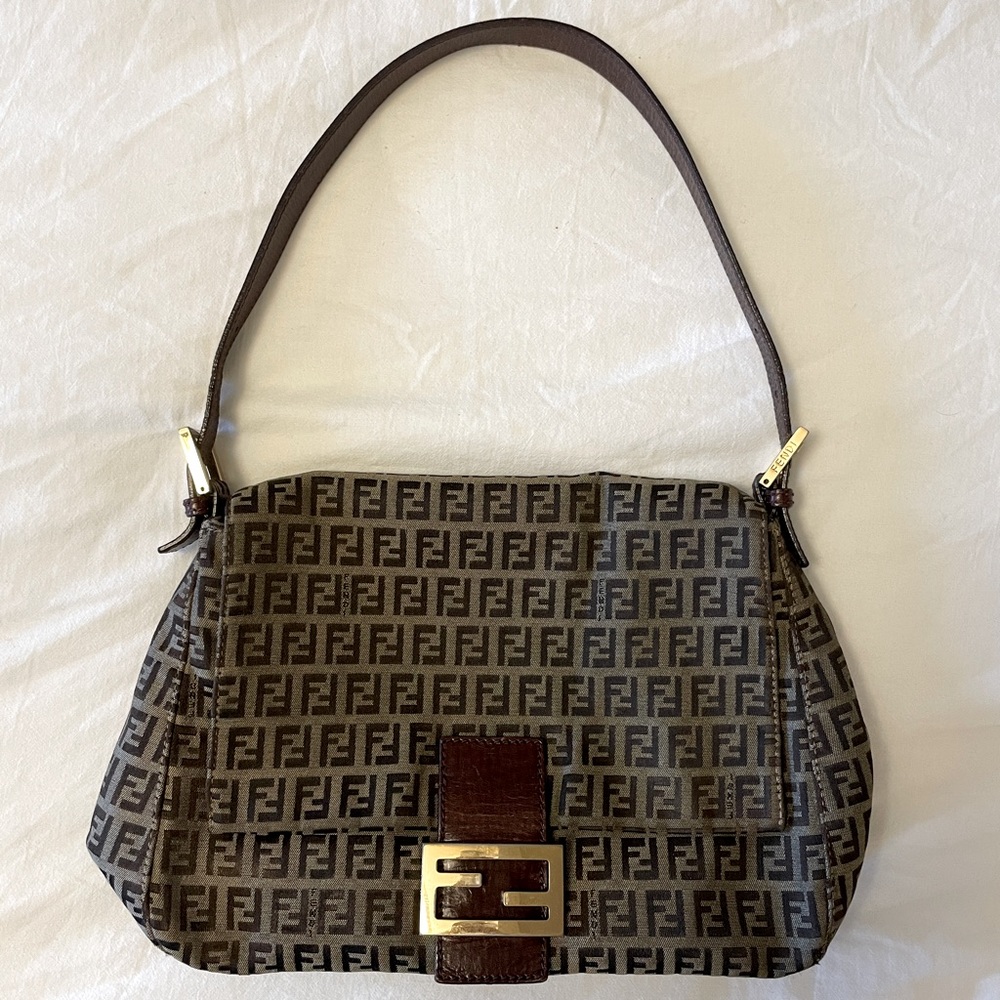 FENDI Zucchino Canvas Mamma Baguette Shoulder Bag Brown